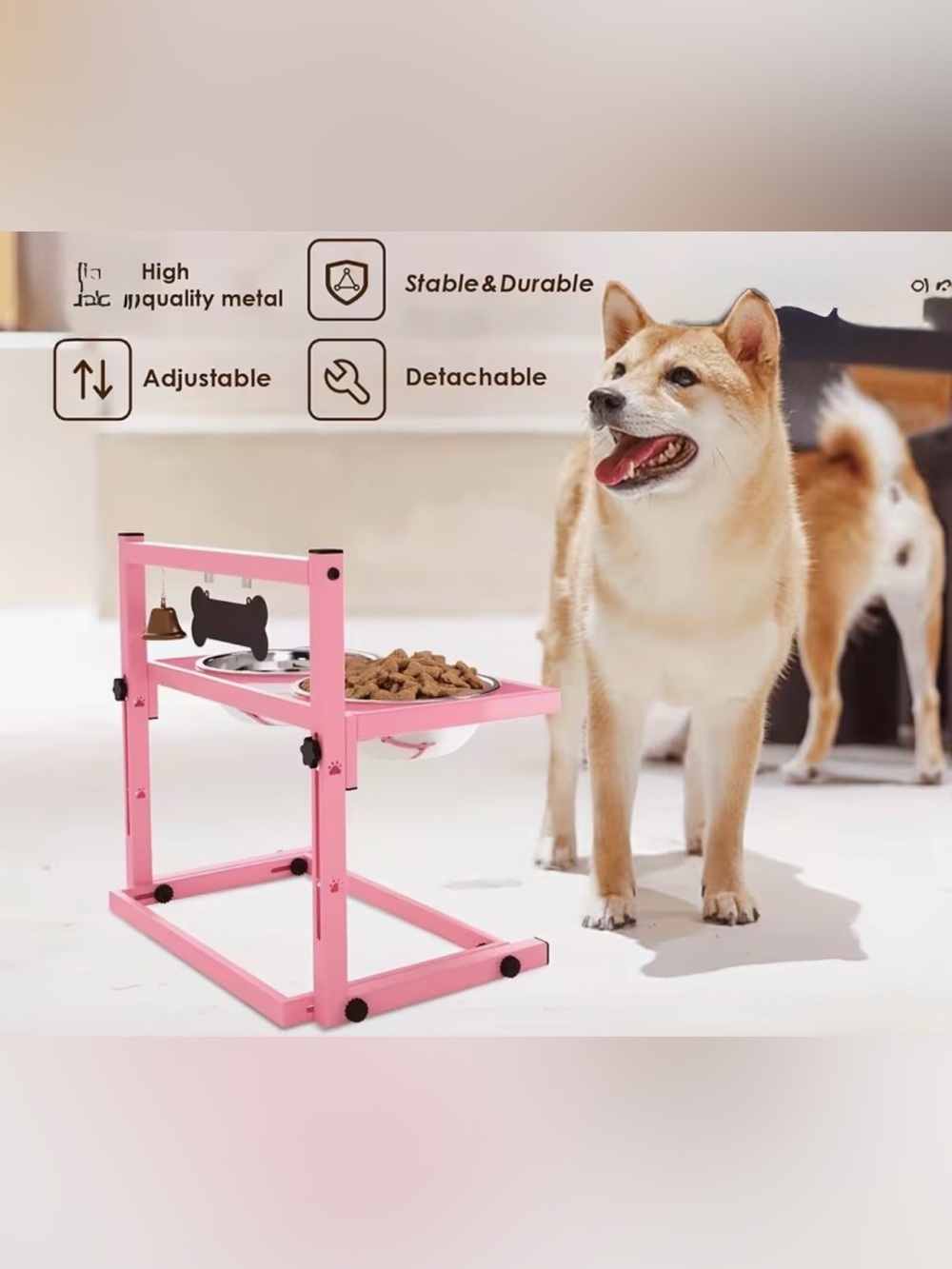🐾 Adjustable Pink Raised Pet Feeding Stand Removable Bowls/Bone Name Tag/Bell